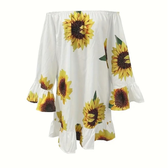 Sunflower Print Bell Sleeve Ruffle Hem Swing Dress - Picture 5 of 5